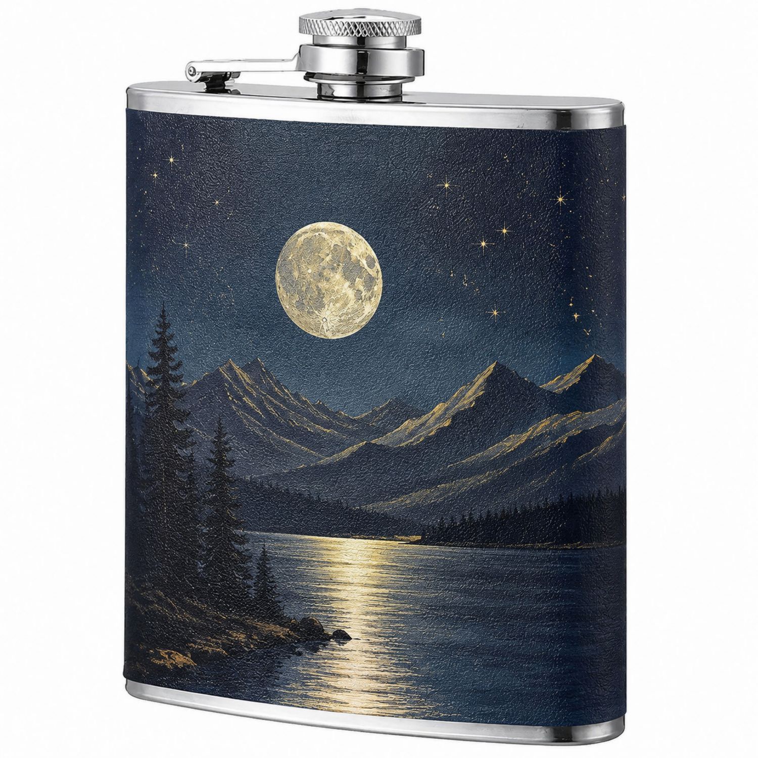 Flasque à alcool en acier inoxydable avec paysage montagnard sous la pleine lune