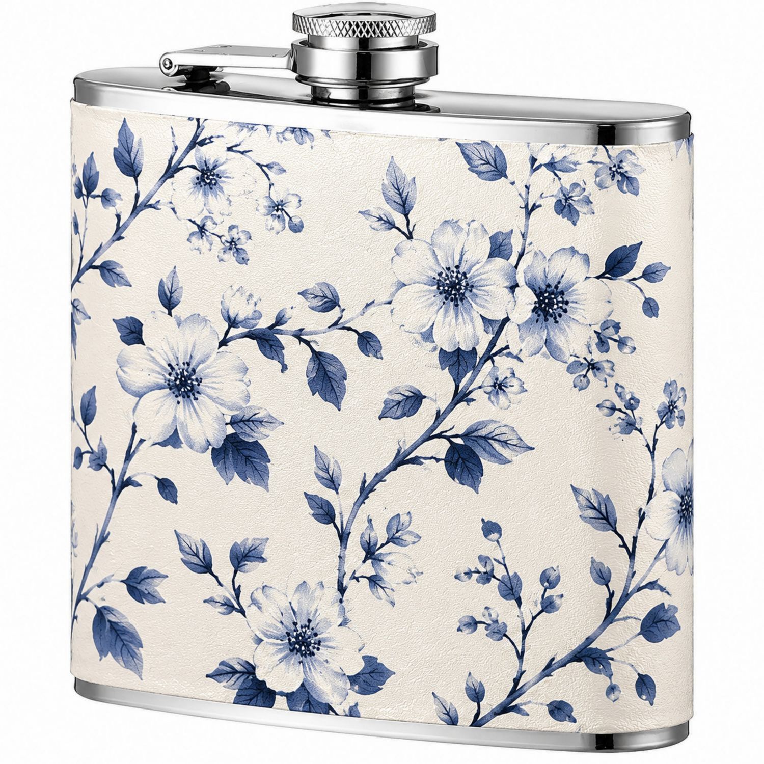 Flasque en acier inoxydable à motifs floraux bleu et blanc