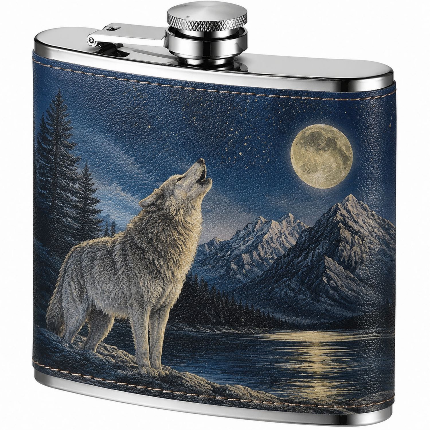 Flasque en acier inoxydable avec motif de loup sous la pleine lune