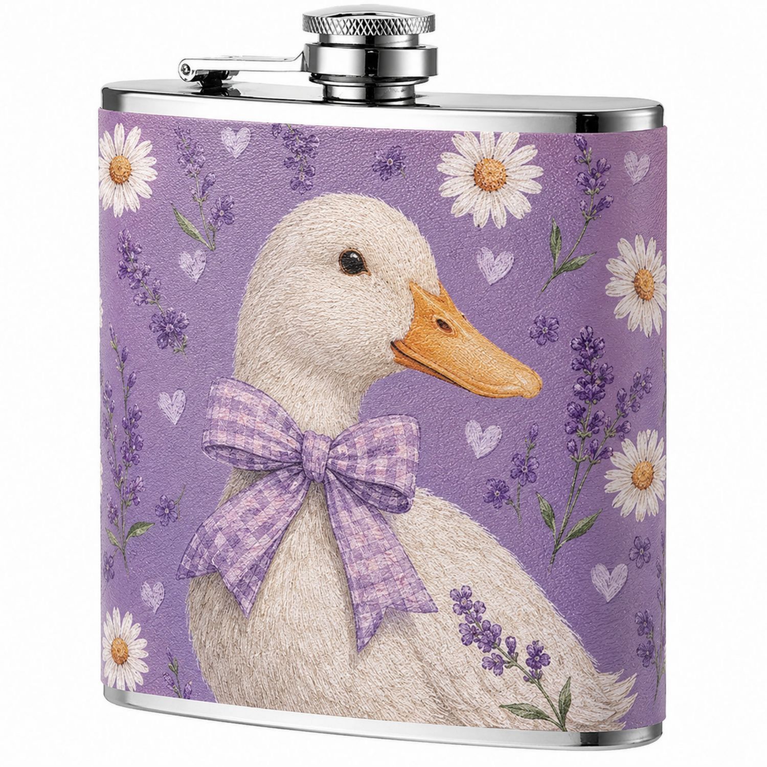 Flasque artistique canard avec fond violet et motifs floraux