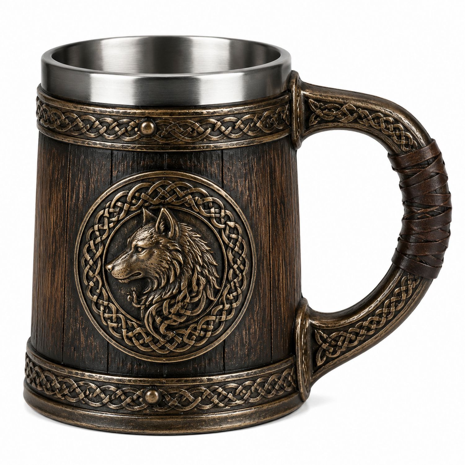 Chope à bière médiévale avec motif loup et insert inox 500ml
