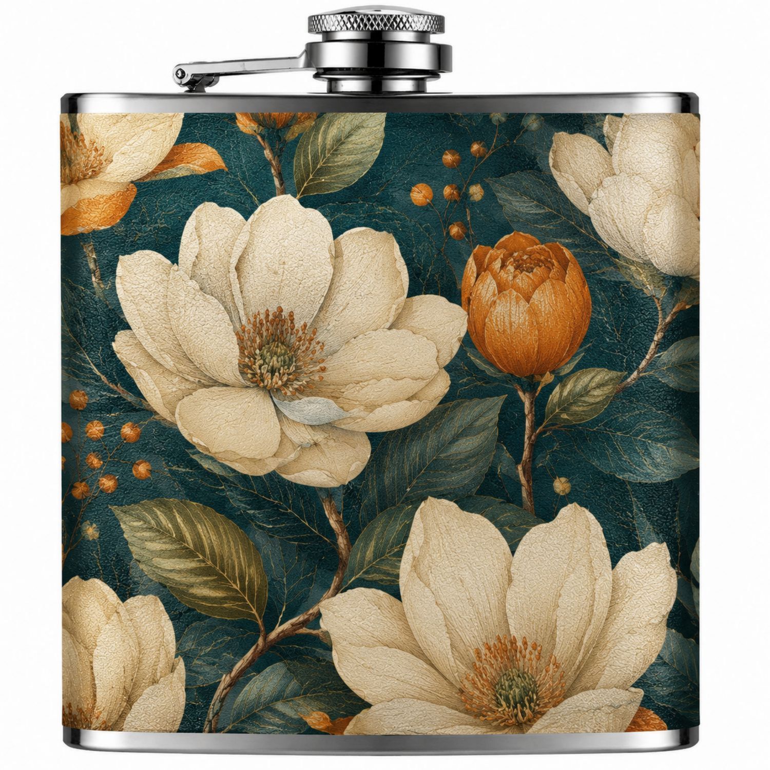 Fiole à Whisky avec Motif Floral Beige et Vert 180ml