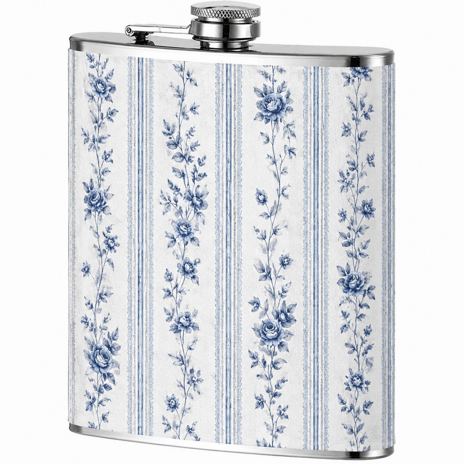 Flasque Éventail à Motif Fleuri Bleu et Blanc