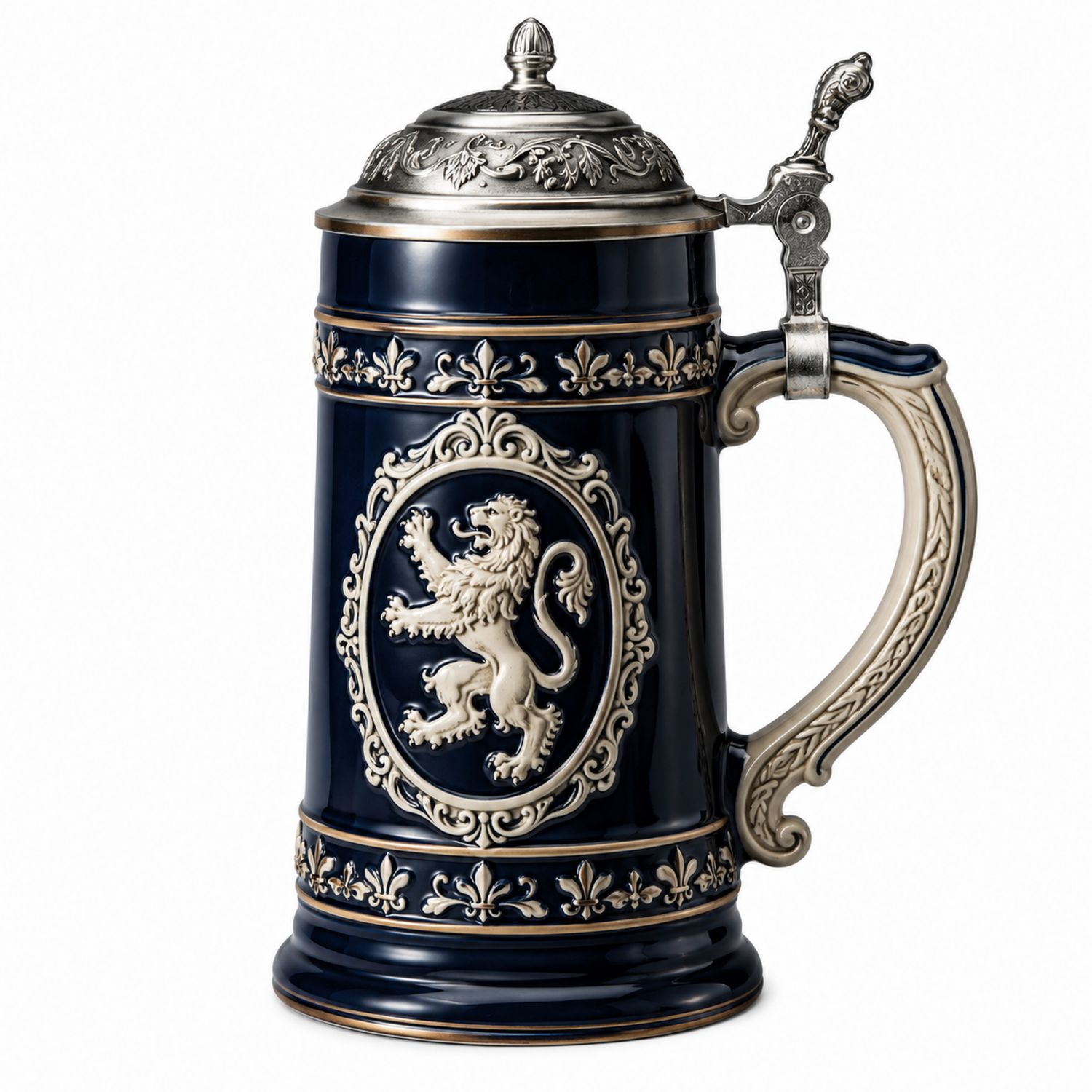 Chope en Céramique Bleu avec Lion et Couvercle en Métal