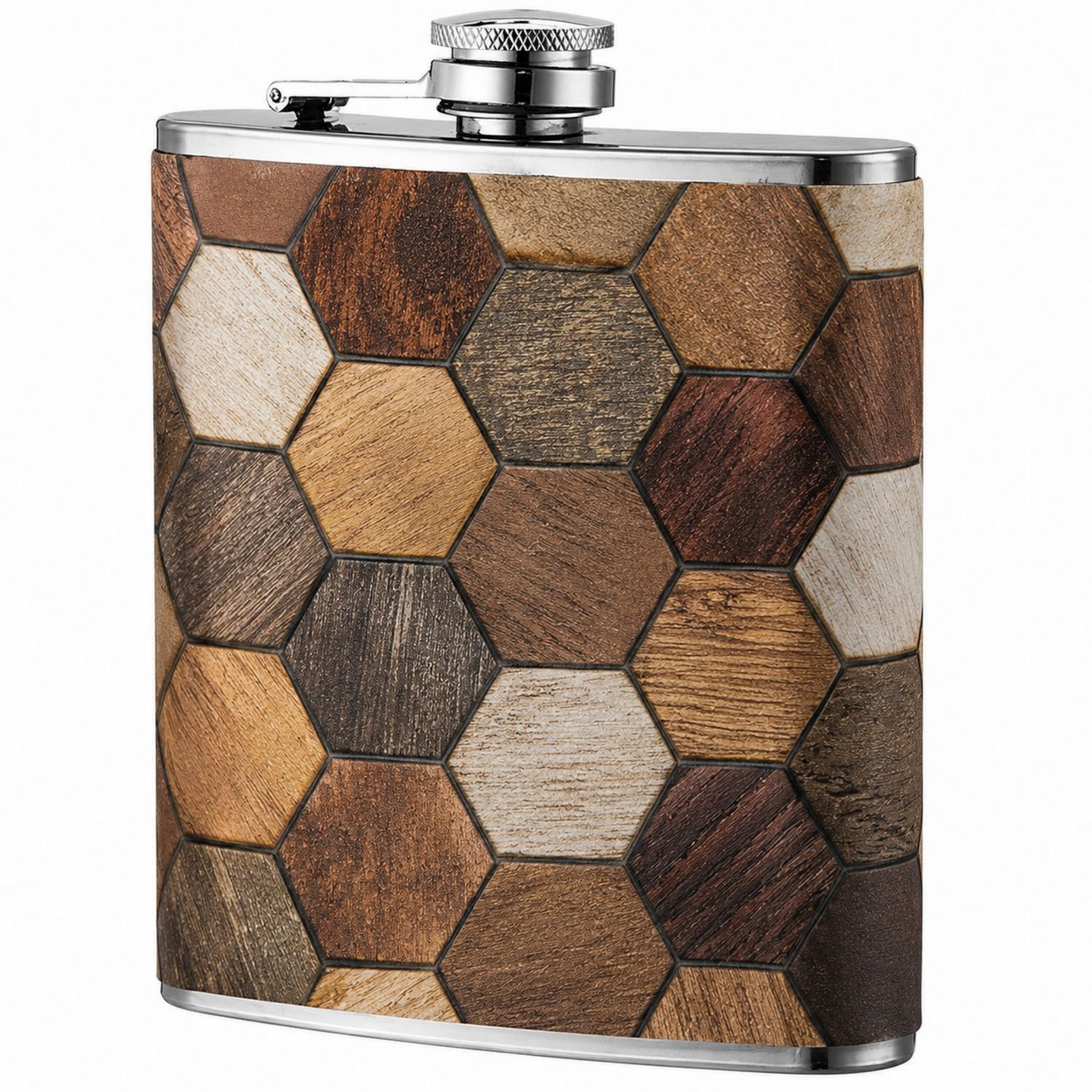 Flasque en Acier Inoxydable avec Motif Hexagonal en Bois