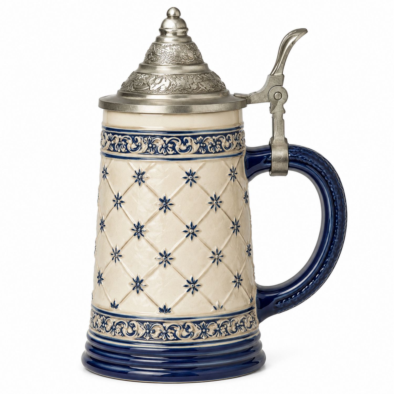 Chope à bière traditionnelle en céramique couvercle métallique bleu et blanc