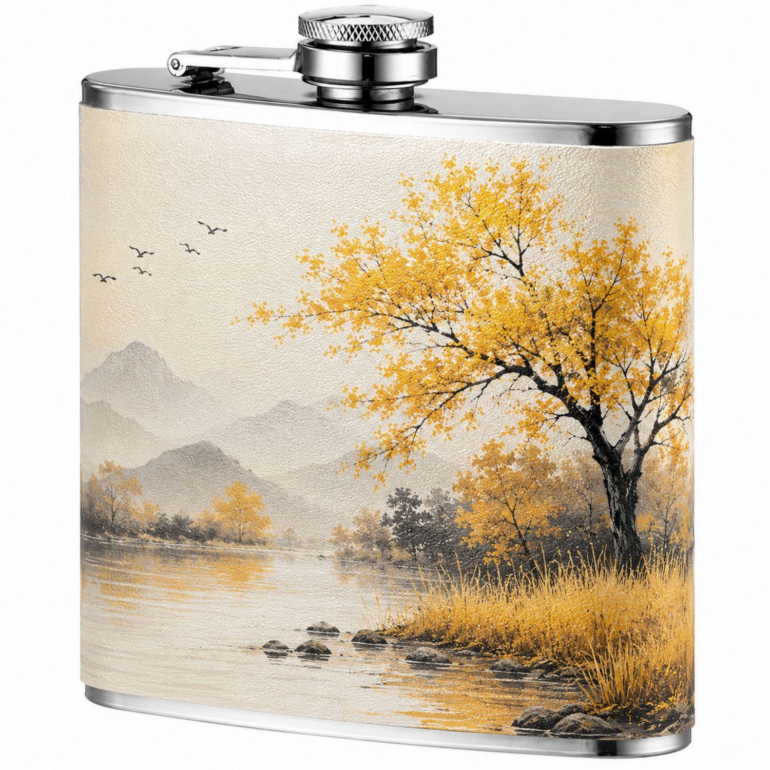 Flasque en Acier Inoxydable Motif Paysage Argent/Jaune 200ml