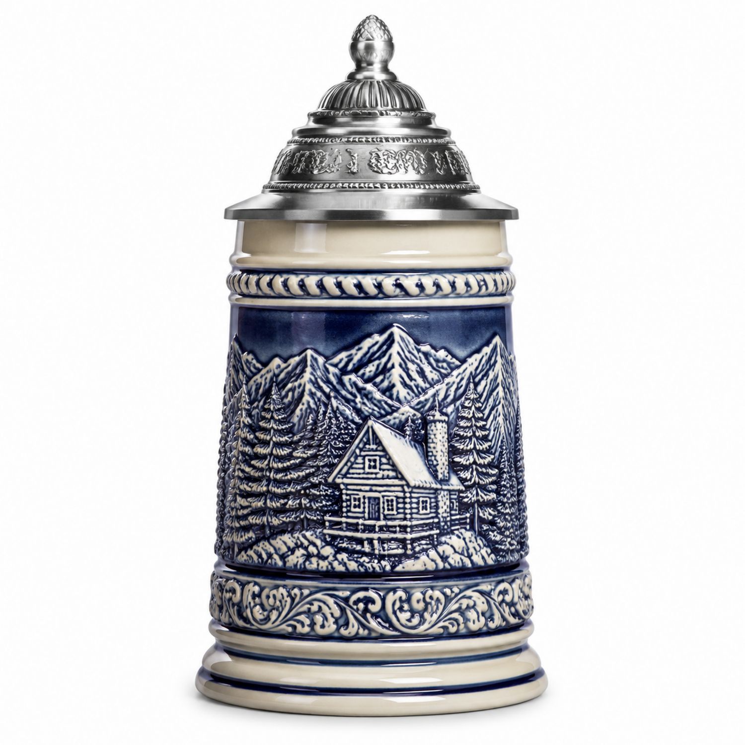 Chope à bière traditionnelle bleu et blanc avec couvercle gravé