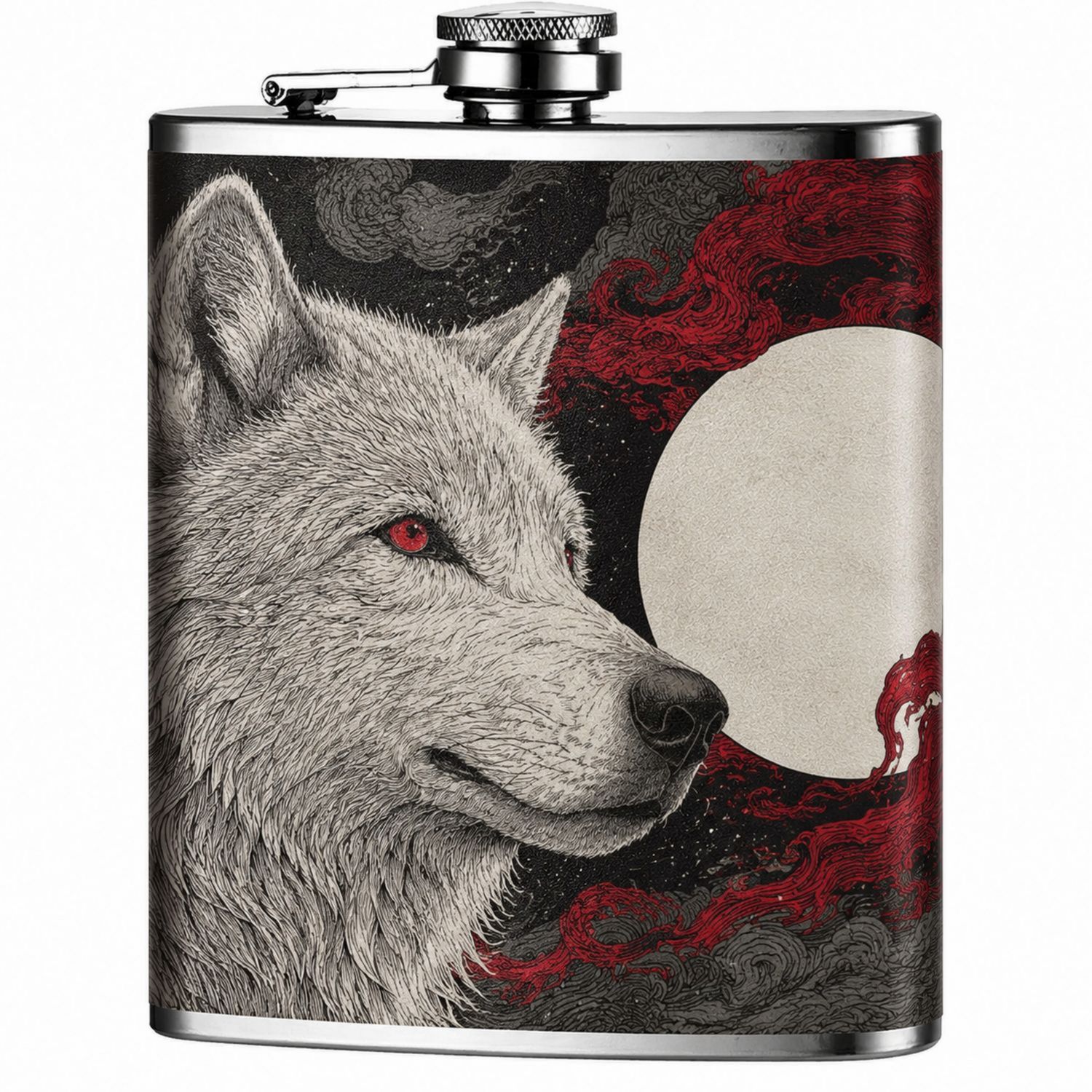 Flasque gravée motif loup, noir/rouge/gris, 200 ml