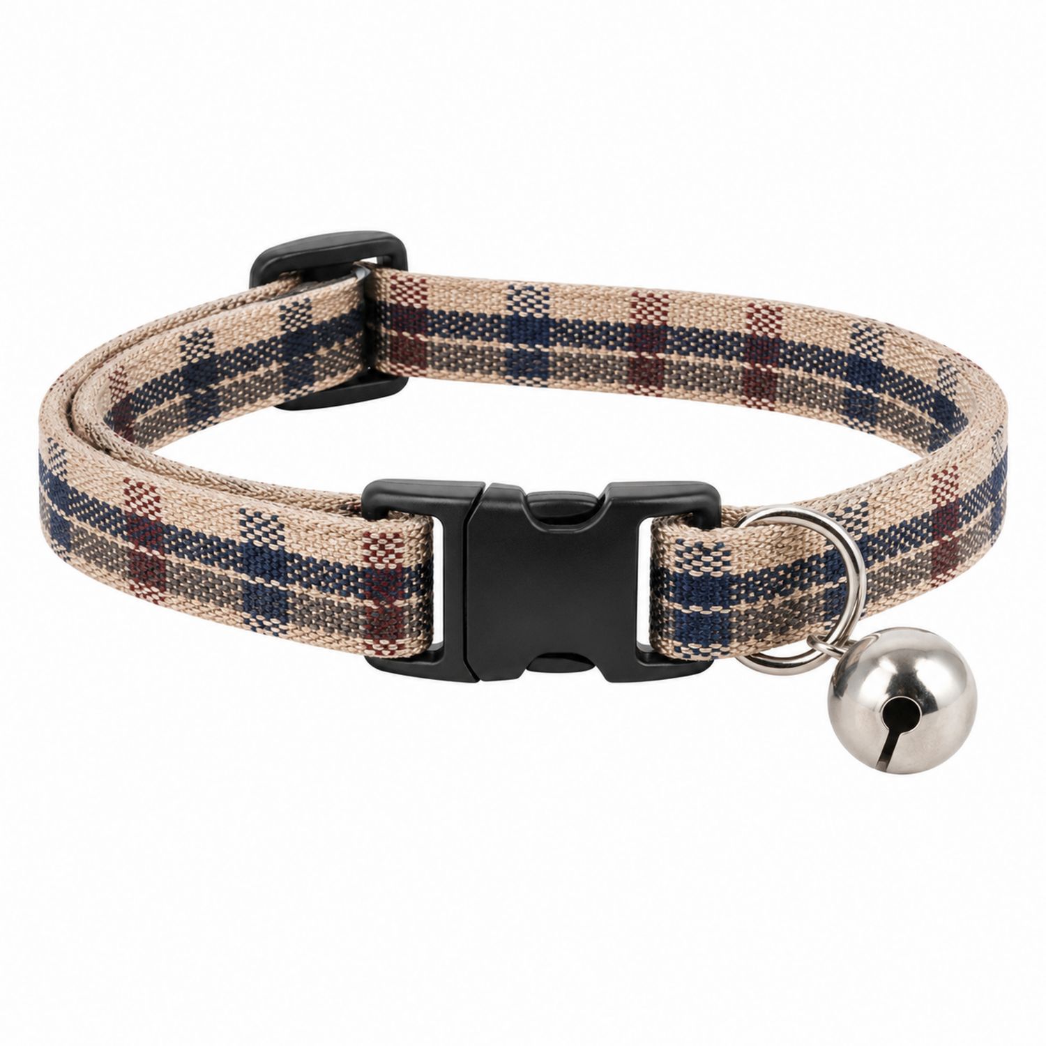Collare Regolabile per Gatti con Campanella a Quadri Beige/Marrone/Blu