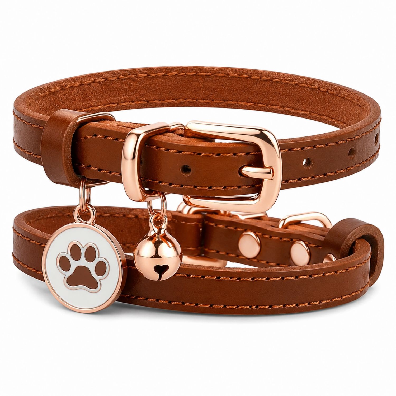 Collare Marrone in Ecopelle con Campanello e Ciondolo per Cani