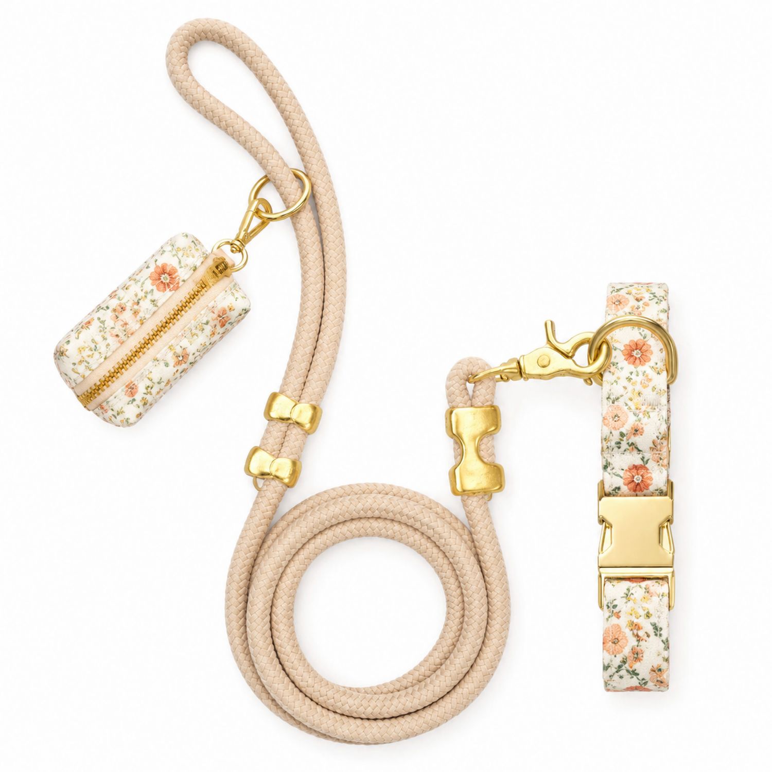 Set Guinzaglio e Collare per Cani con Porta Sacchetti Floreale Beige