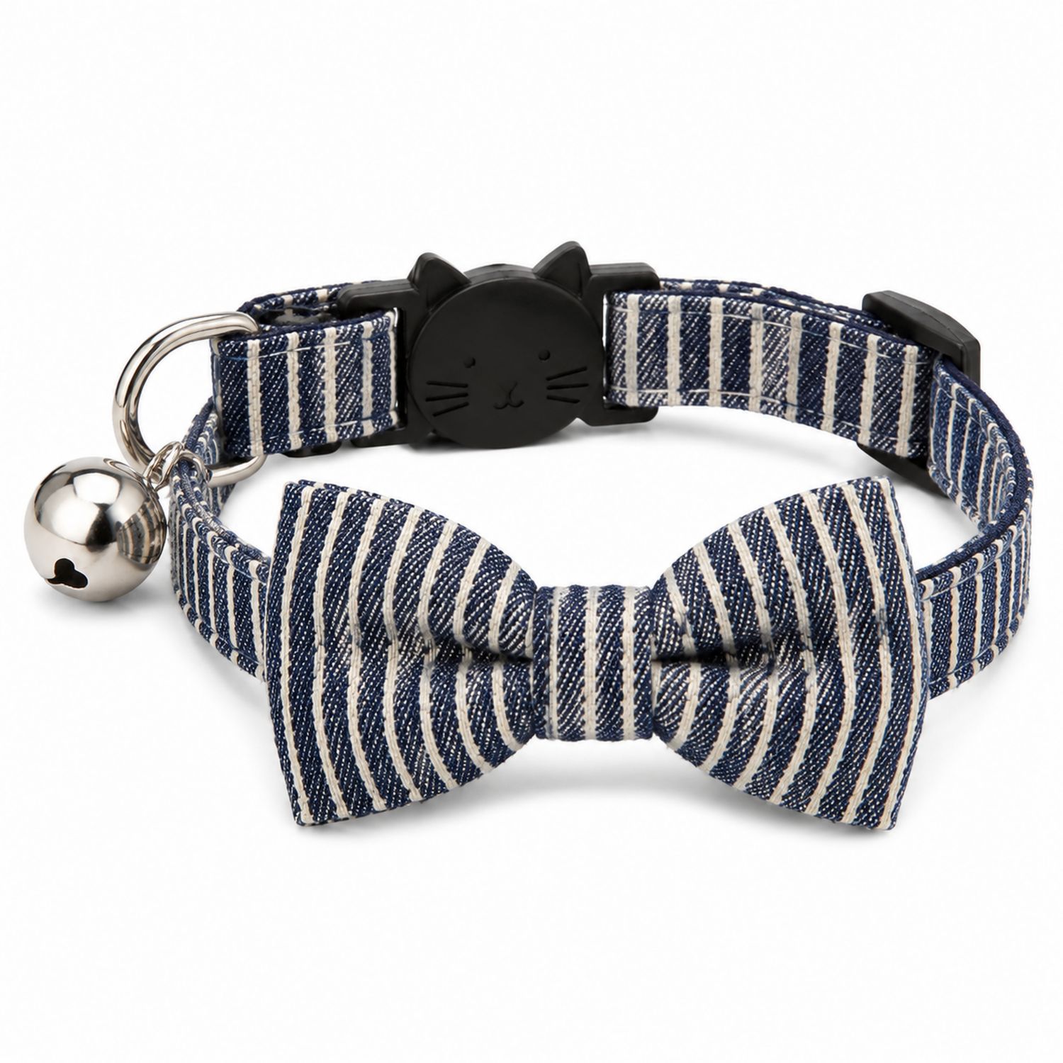 Collare Elegante per Gatti a Righe Blu e Bianco con Fiocco