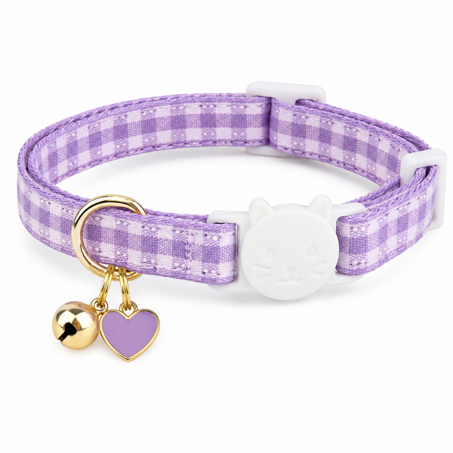 Collare regolabile per gatti con campanella e ciondolo a forma di cuore, motivo a quadretti viola