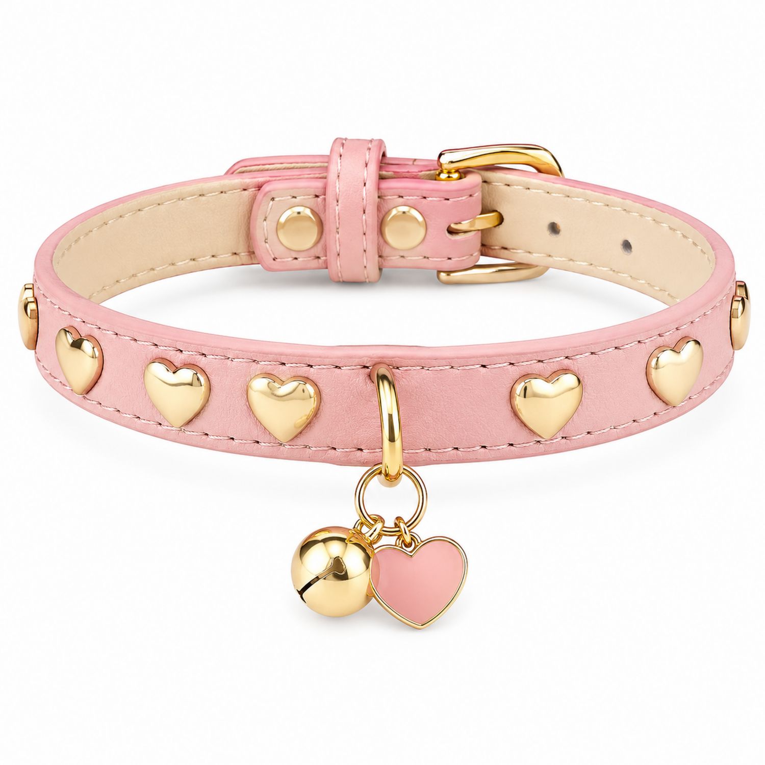 Collare Rosa con Cuori in Oro e Campanello per Animali Domestici