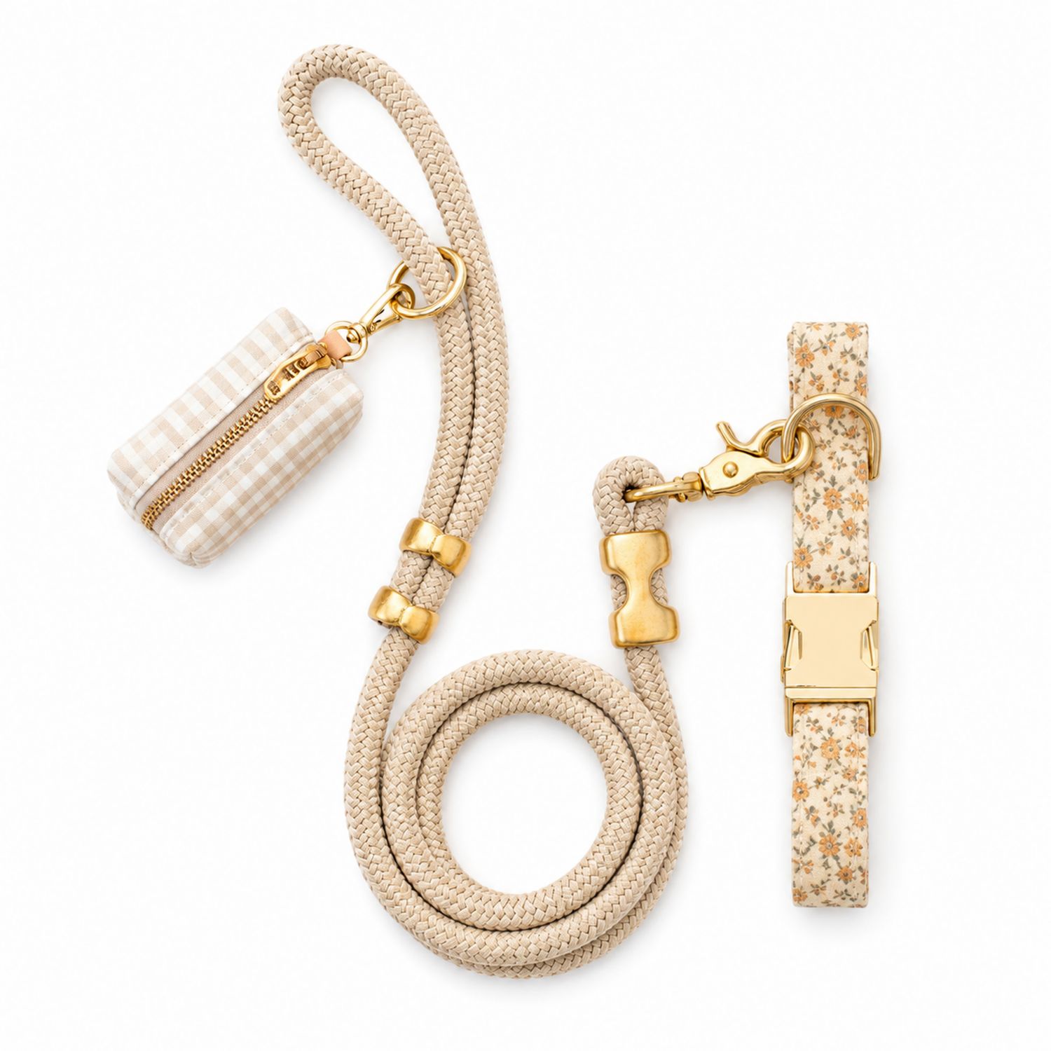 Set Guinzaglio e Collare per Cani con Portaoggetti Beige Floreale