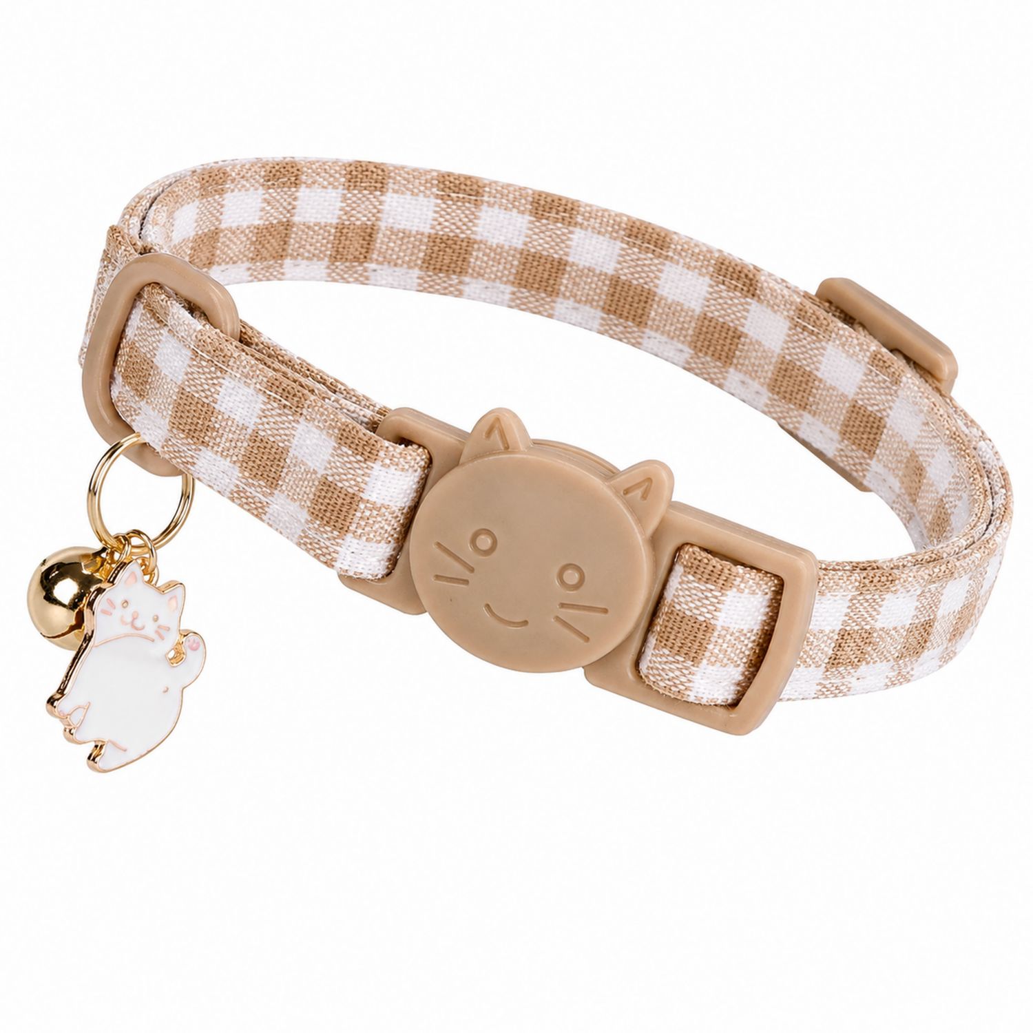 Collare per Gatti a Quadretti Beige con Campanello e Ciondolo