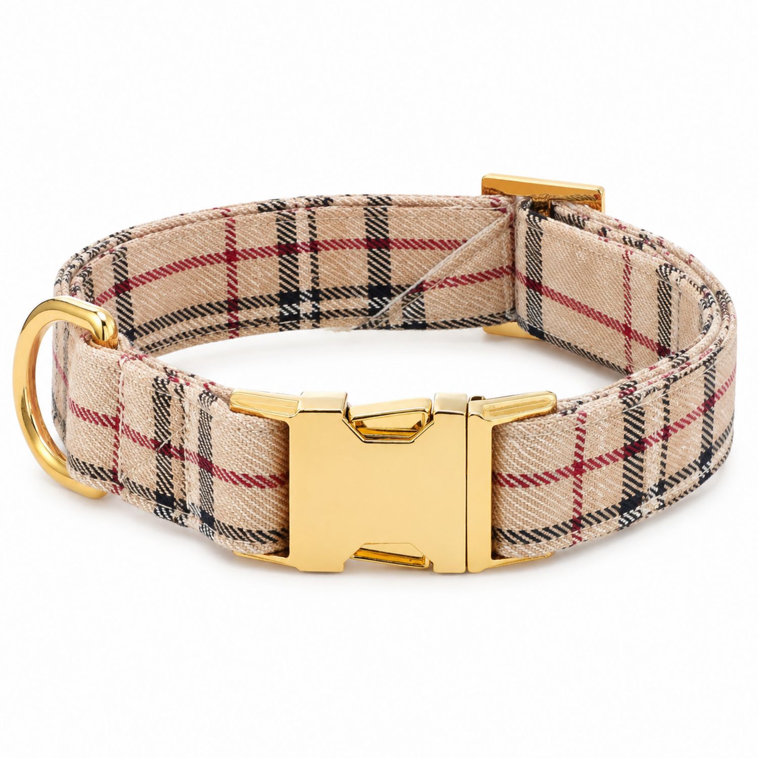 Collare per Cani a Quadri con Fibbia Dorata in Nero, Beige e Rosso
