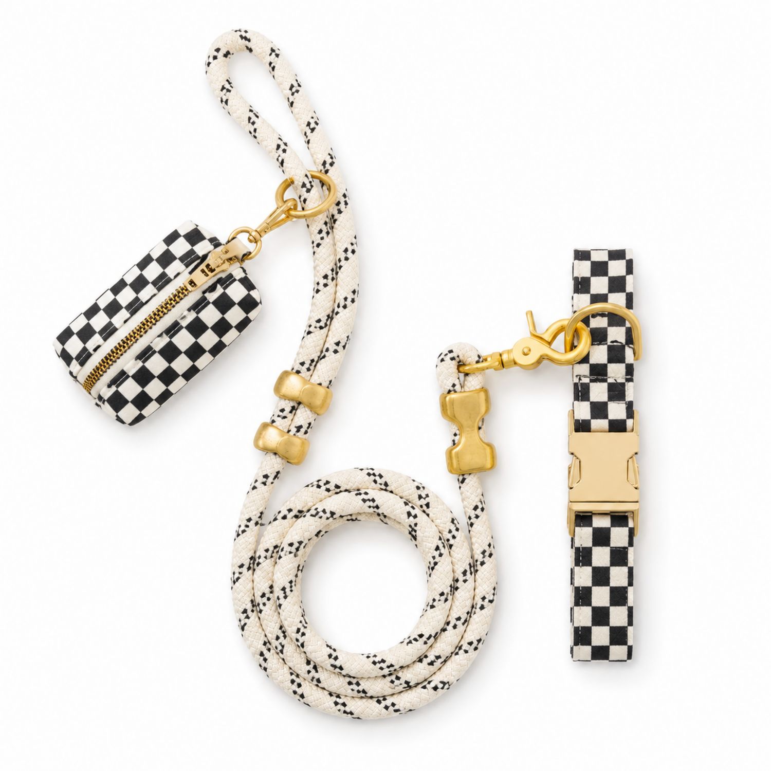 Set Guinzaglio e Collare con Porta Accessori Motivo Scacchi Bianco/Nero