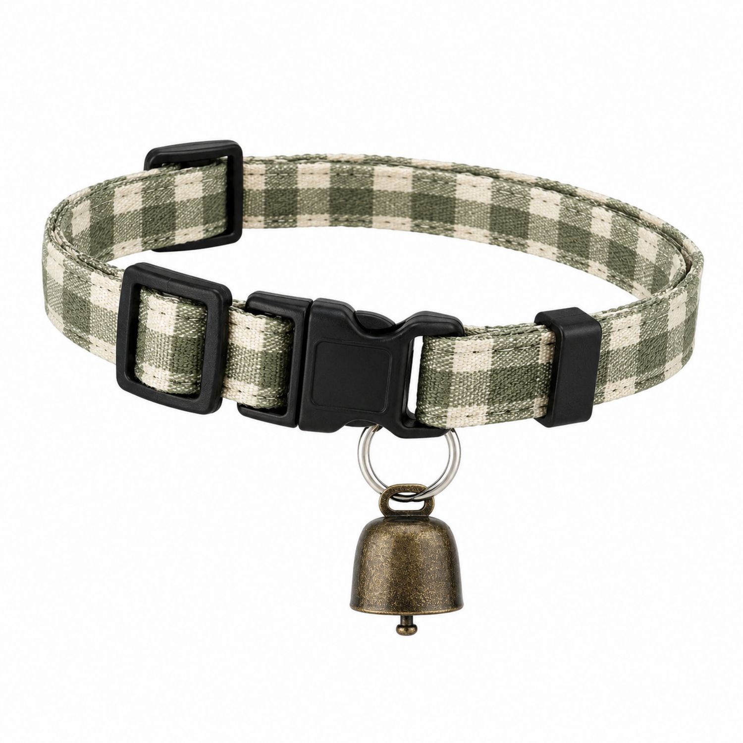 Collare Regolabile Verde e Beige a Quadri con Campanella