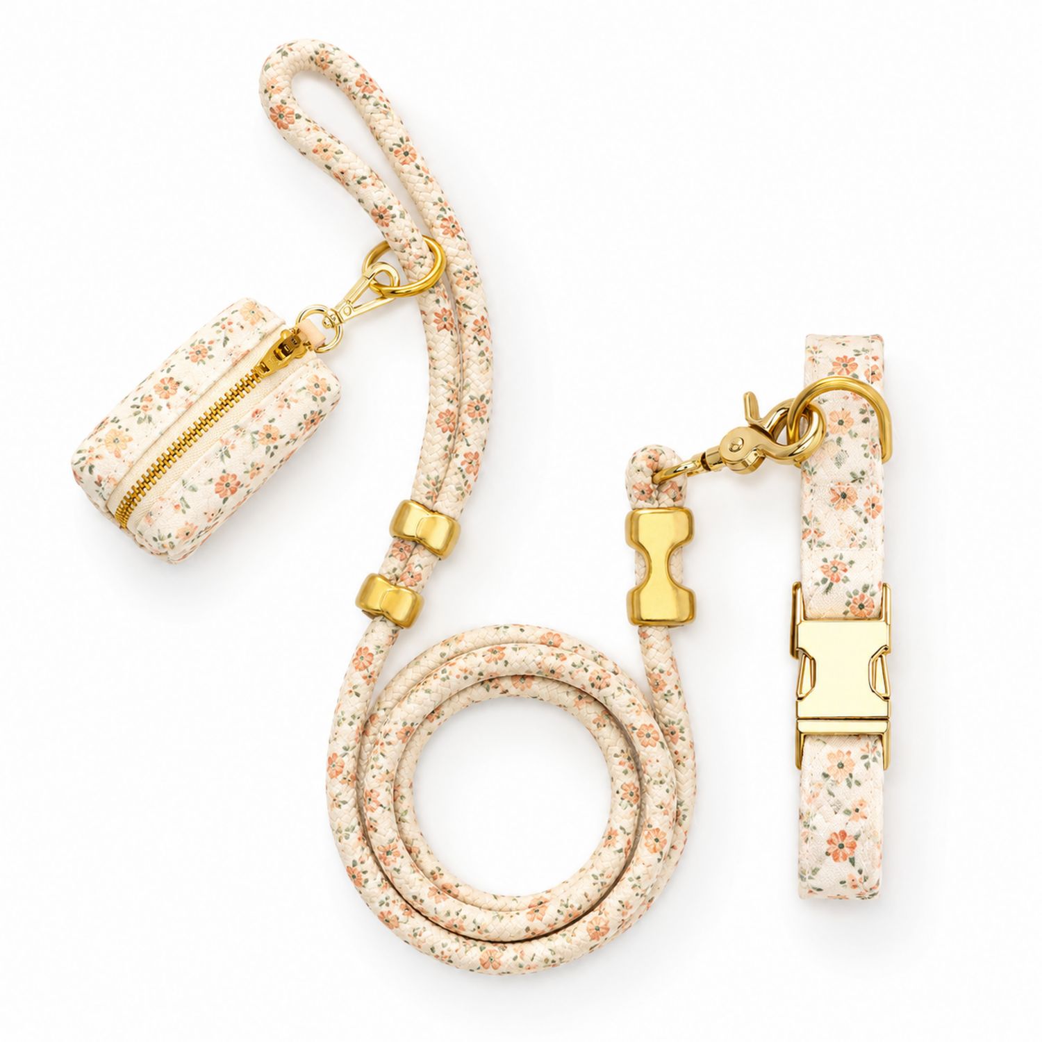 Set guinzaglio e collare floreale bianco/rosa/arancione con borsetta per cani piccoli e medi