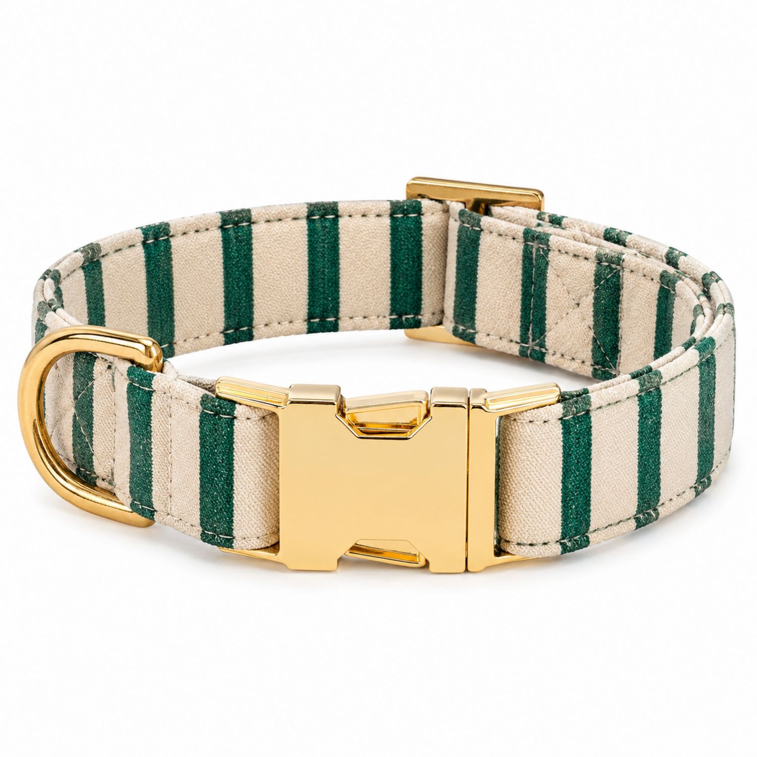 Collare per Cani a Strisce Verdi e Beige con Fibbia in Metallo Oro