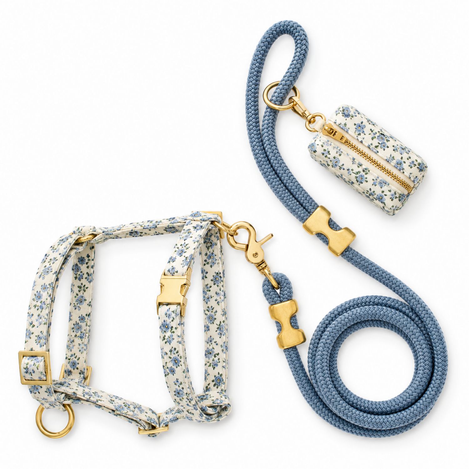 Set guinzaglio e pettorina per cane floreale blu e bianco