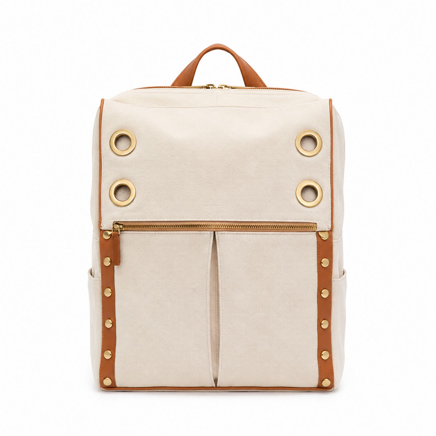 Beiger Rucksack mit goldfarbenen Ösen und Lederdetails