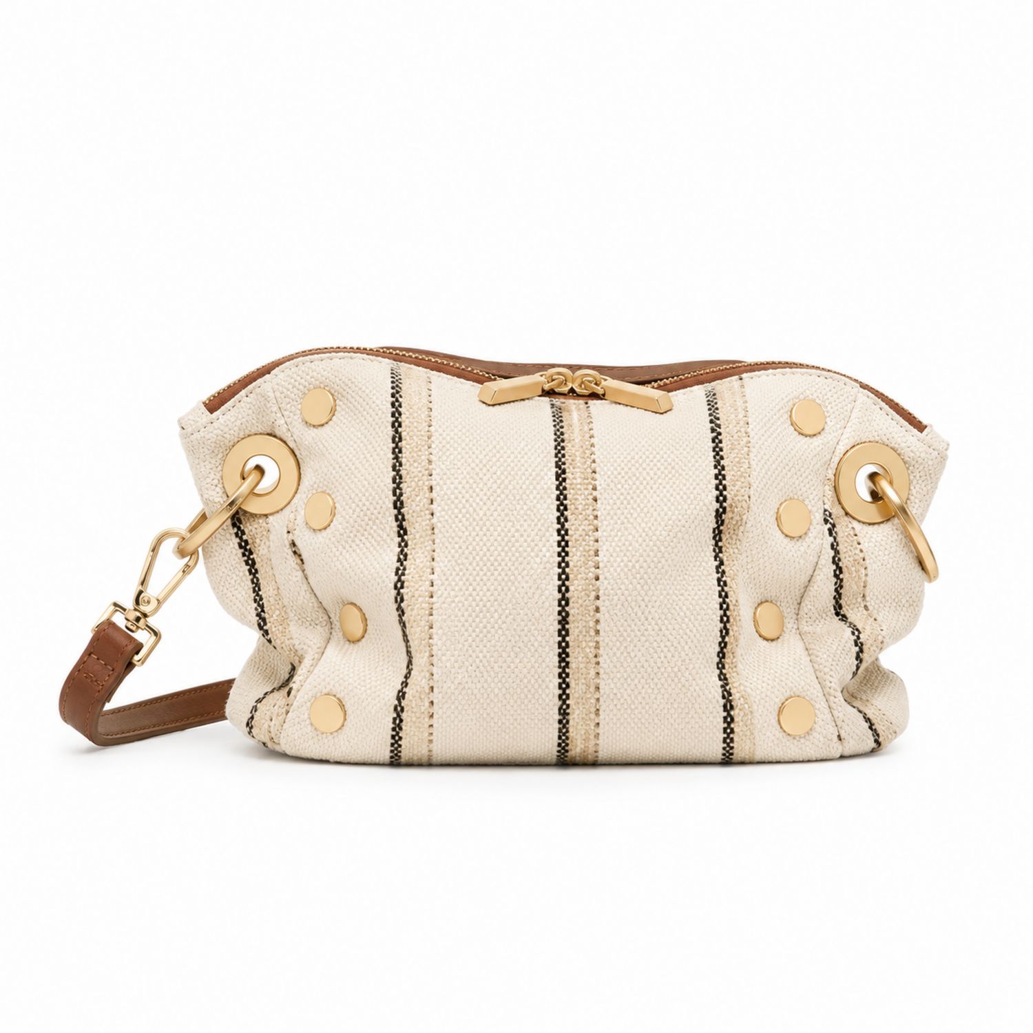 Damen Schultertasche Gestreift Beige mit Metallakzenten