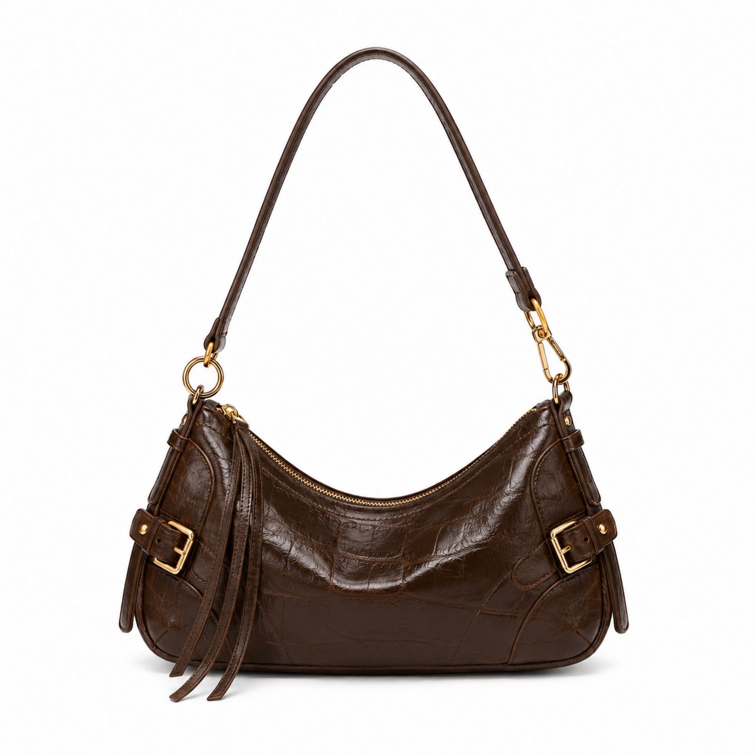 Damen Schultertasche Braun mit Schnallen und Reißverschluss