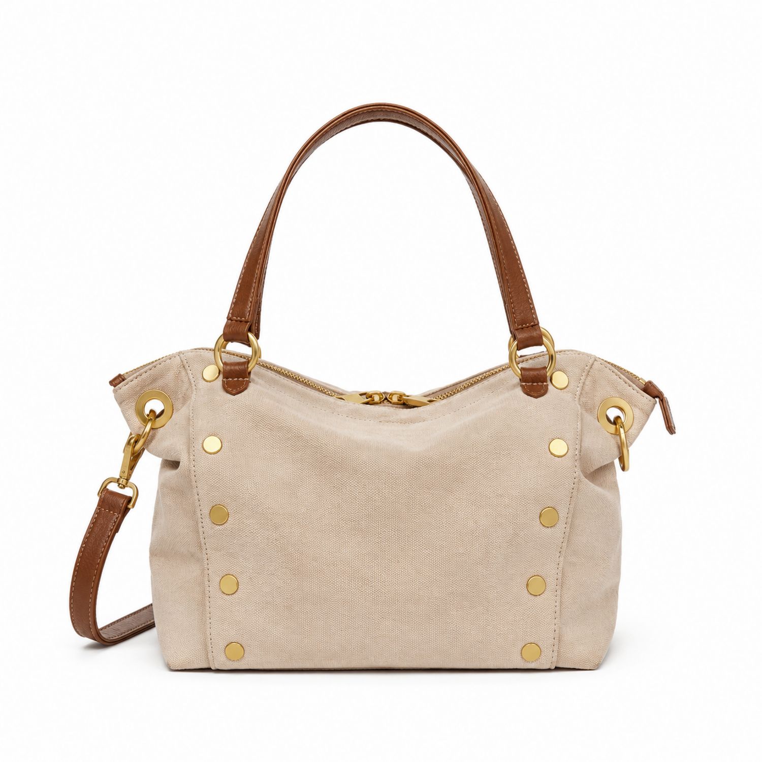 Beige Canvas Schultertasche mit Braunen Details