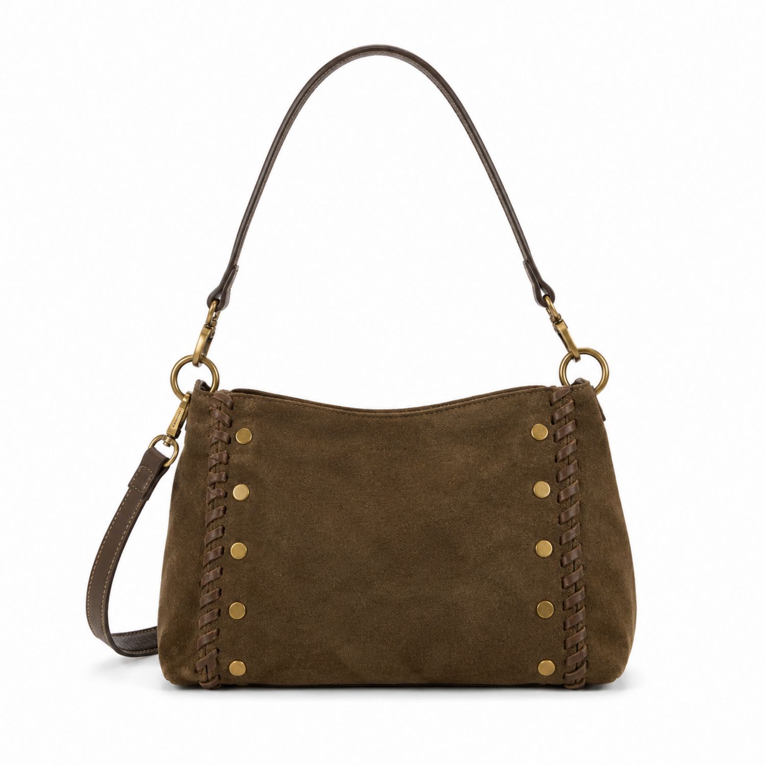 Damen Schultertasche aus Wildleder in Braun mit Nieten und Flechtdetails