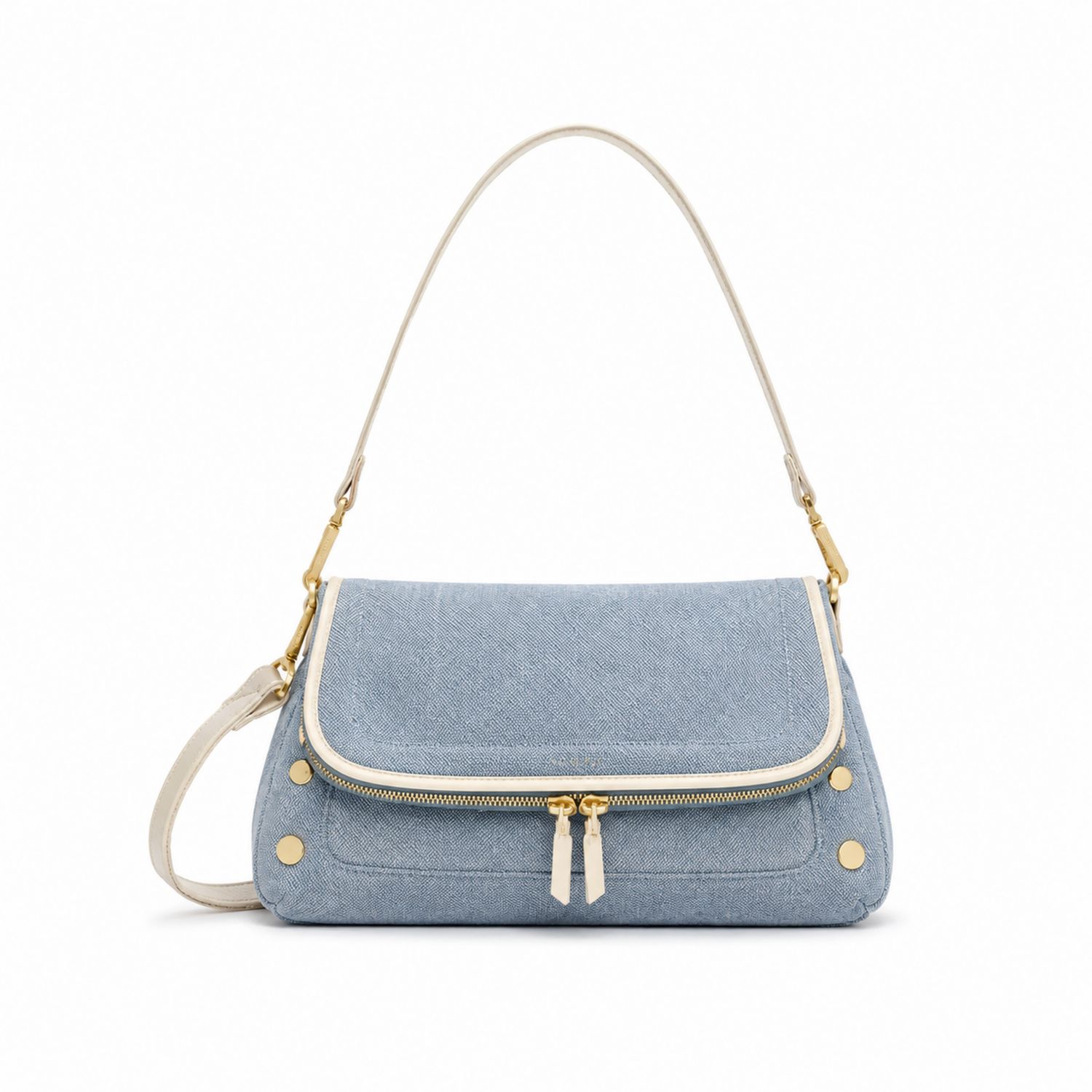 Moderne Schultertasche aus Denim in Hellblau und Weiß