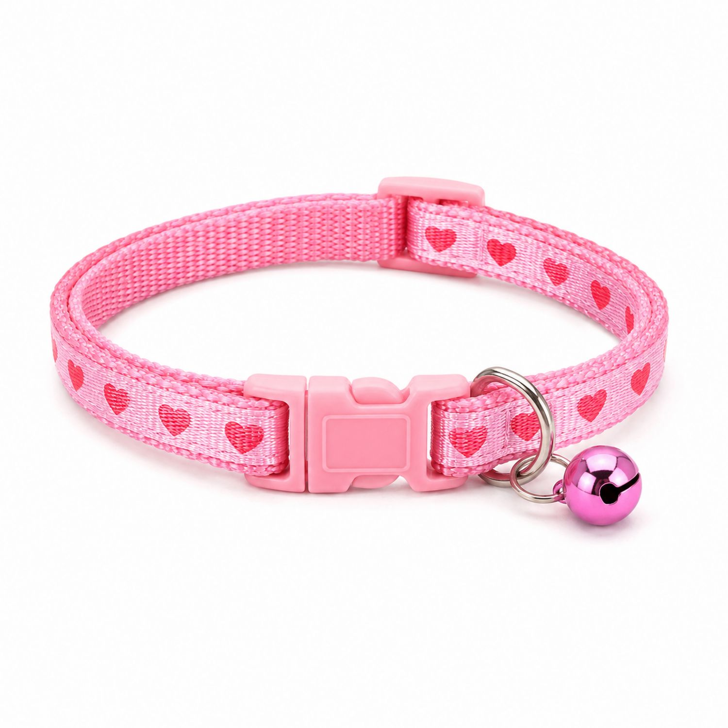 Collar de gato ajustable rosa con corazones y campana