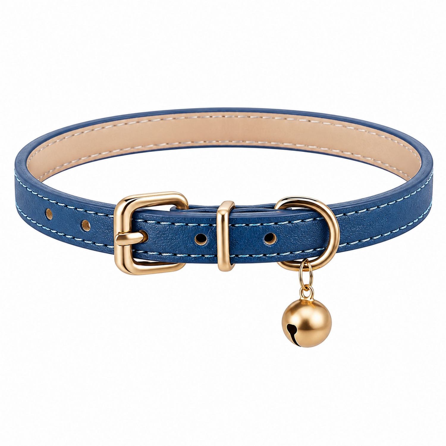 Collar azul con campana y hebilla dorada para mascotas pequeñas