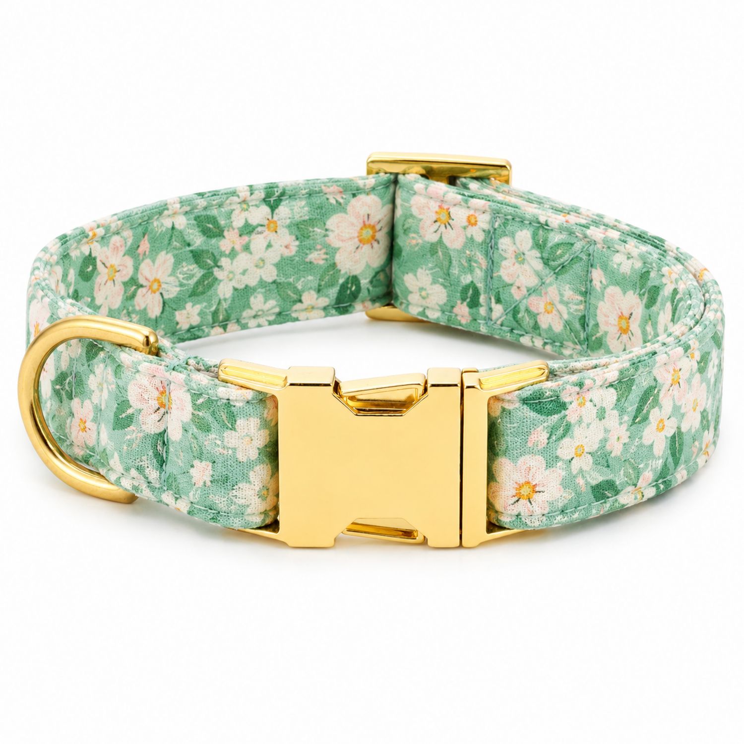 Collar para perros con diseño floral verde y hebilla dorada