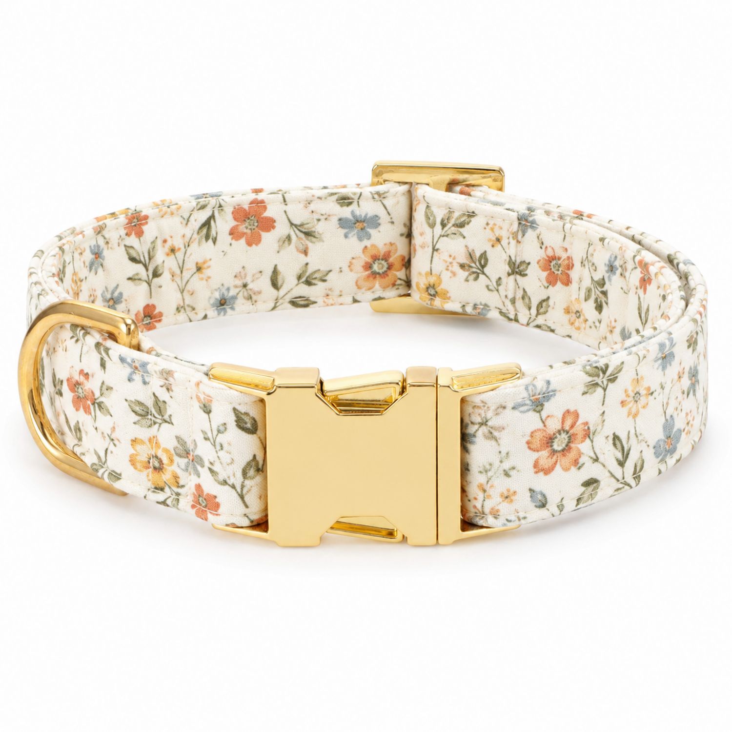 Collar para Mascotas con Estampado Floral Crema y Hebilla Dorada