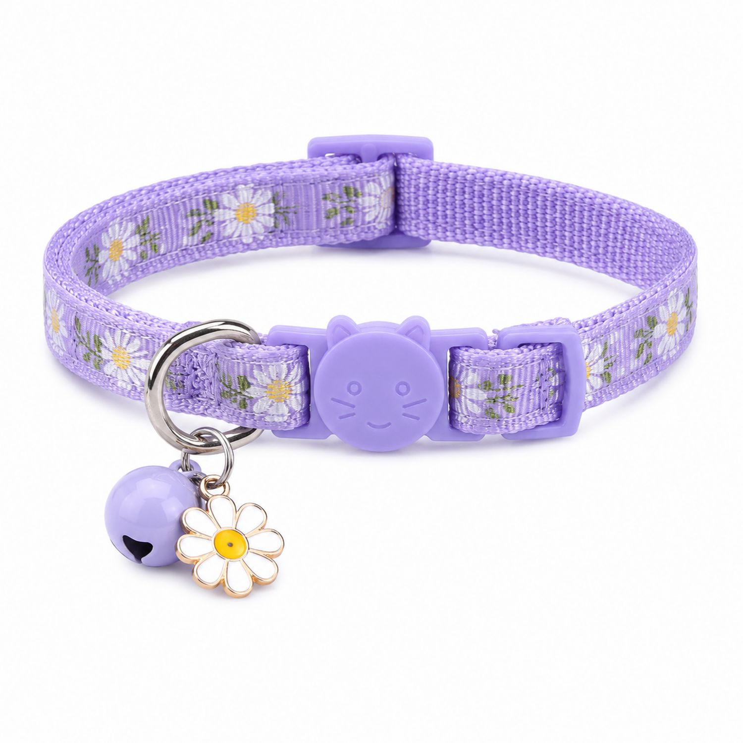 Collar ajustable para gatos con diseño floral lila y campana