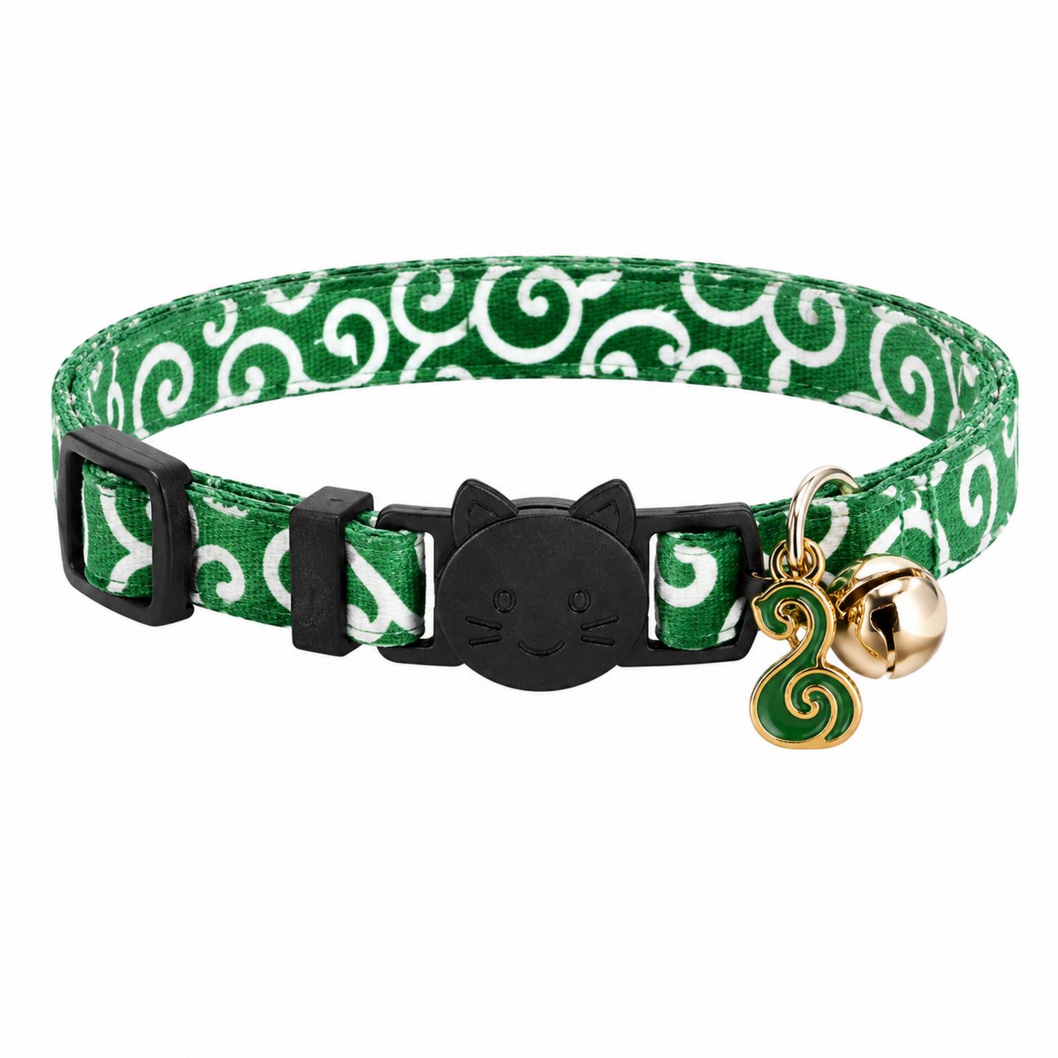 Collar ajustable para gato verde con campana y colgante
