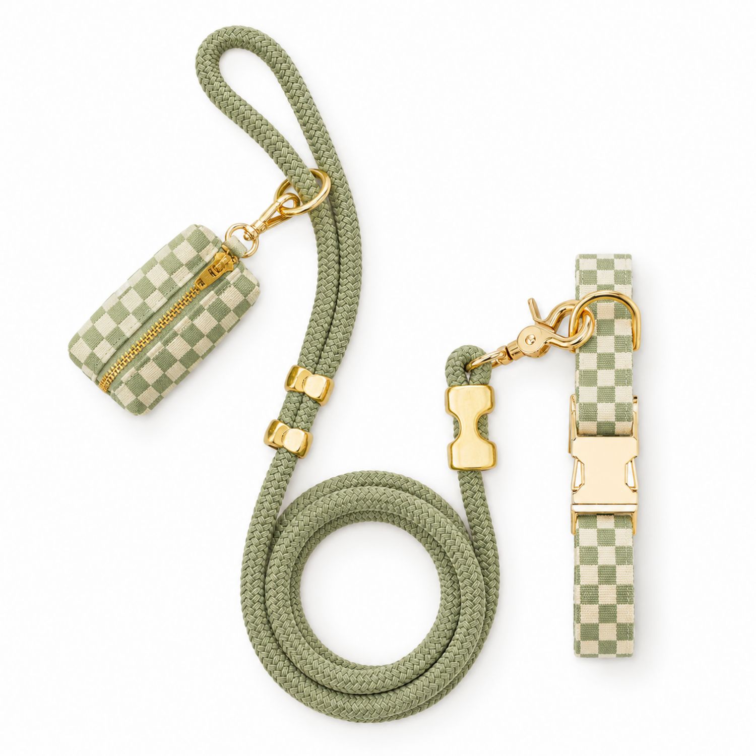 Set de Correa y Collar Ajustable Verde con Cuadros y Accesorios Dorados para Perros