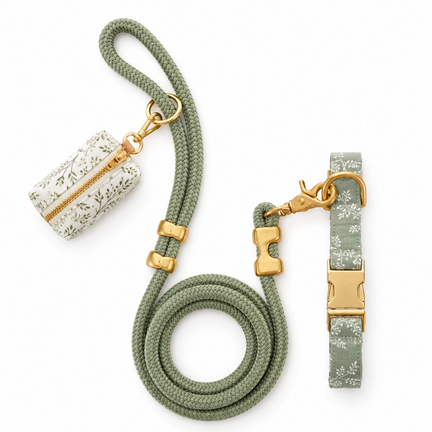 Kit de Correa y Collar para Perro con Dispensador Verde Estampado Floral