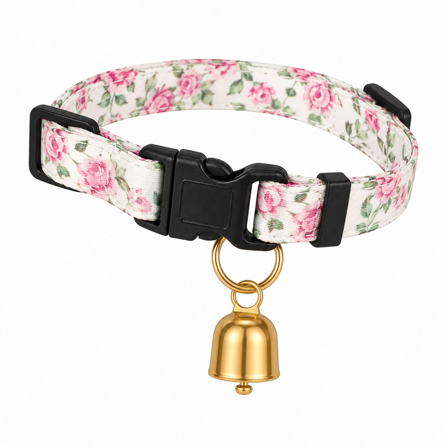 Collar Floral para Mascotas con Campana Dorada - Rosa/Blanco