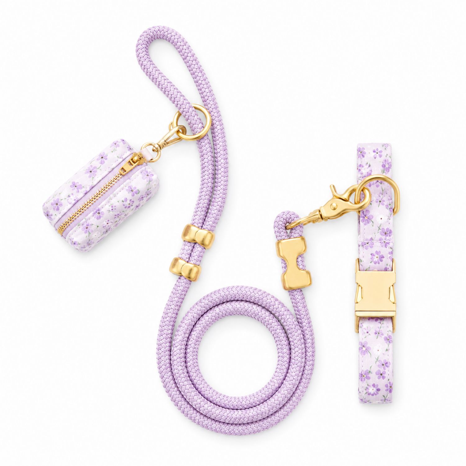 Set de Correa y Collar Lila con Portabolsas Floral para Perros