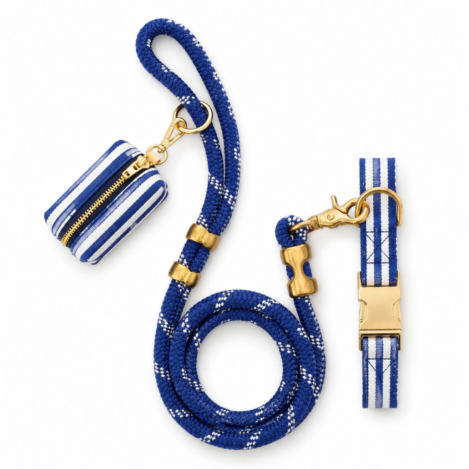Correa y Collar para Perros Azul y Blanco con Bolsa a Rayas