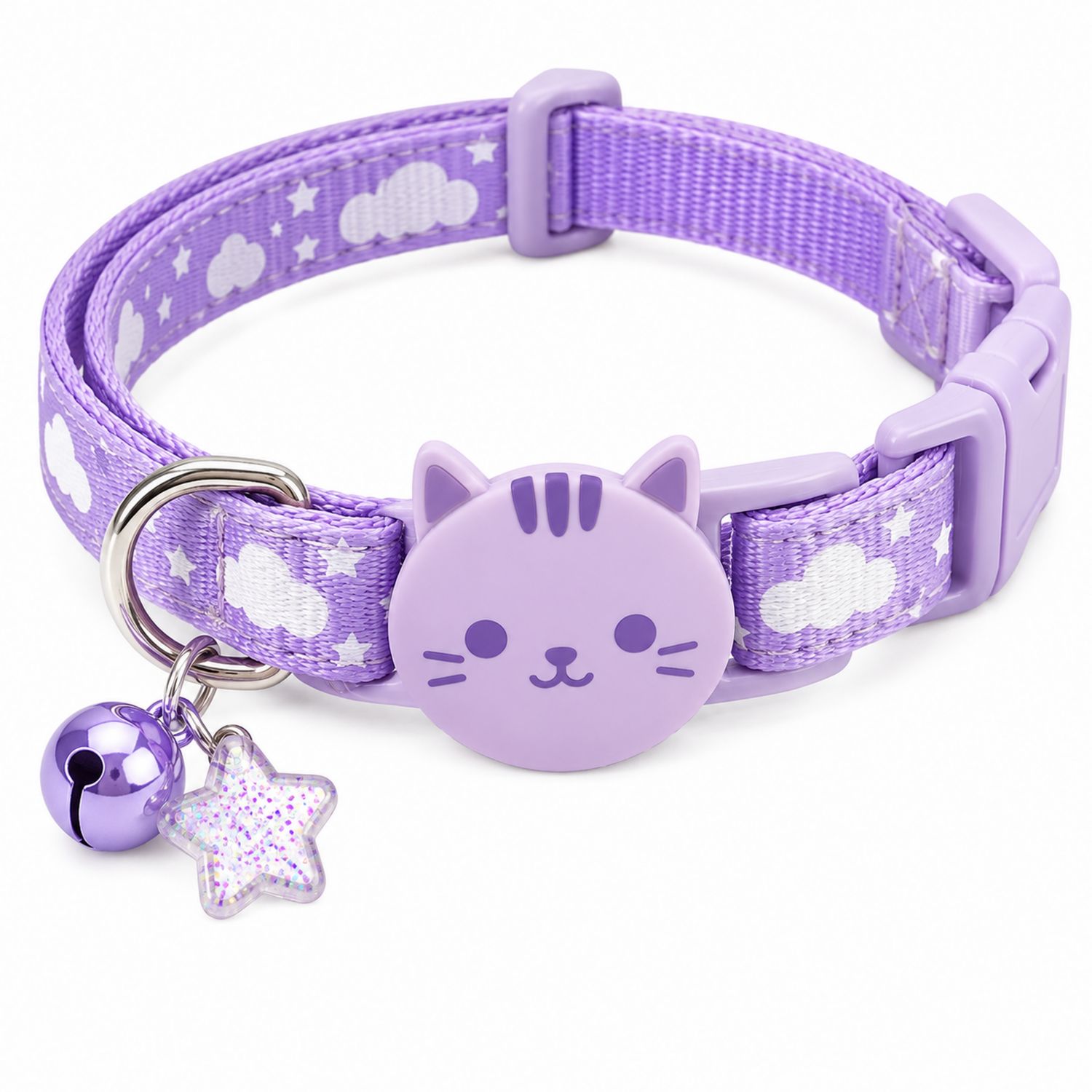 Collar Ajustable para Gatos Lila con Nubes y Estrellas
