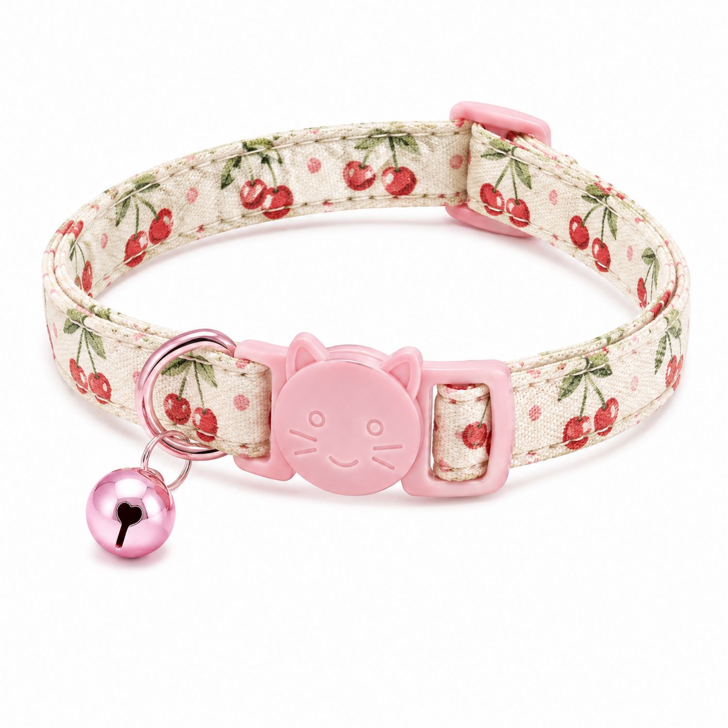 Collar Ajustable para Gatos con Campana y Patrón de Cereza Rosado