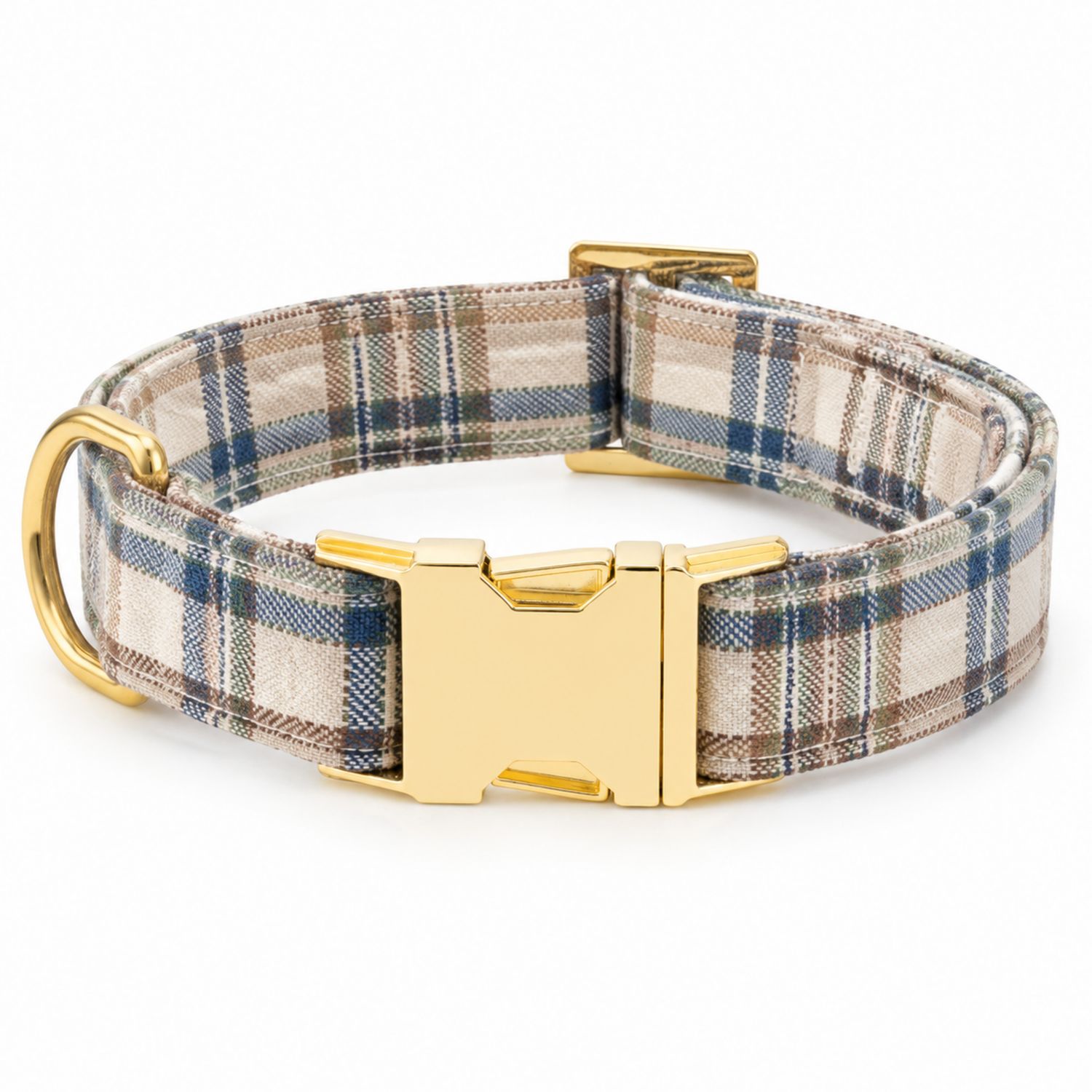 Collar para perro a cuadros beige y azul con hebilla dorada