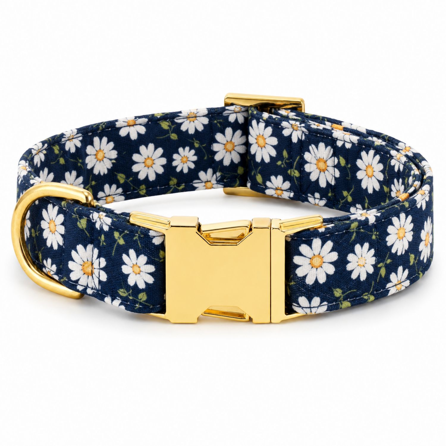 Collar para Perros con Margaritas y Hebilla Dorada - Azul Marino