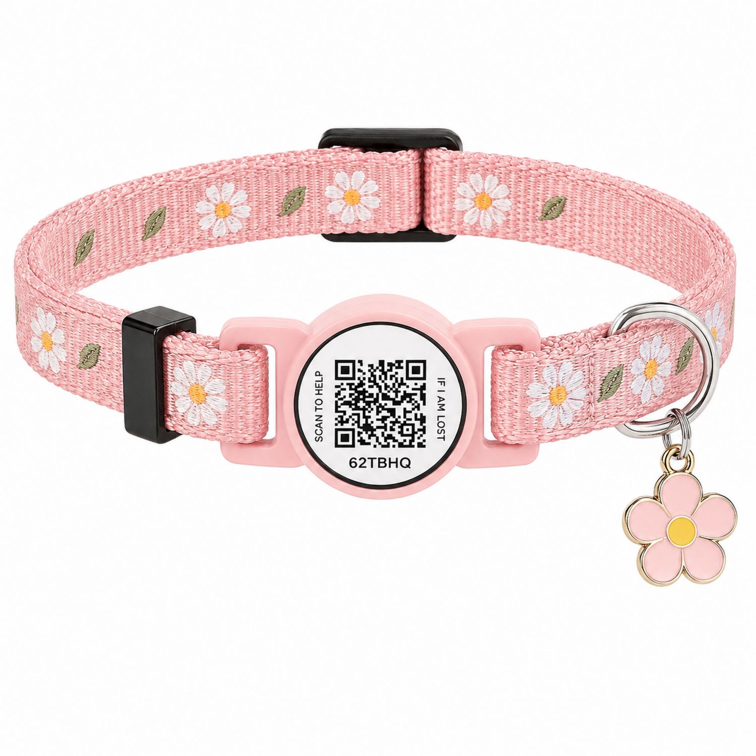 Collar para Mascotas Rosado con Margaritas Bordadas y Código QR