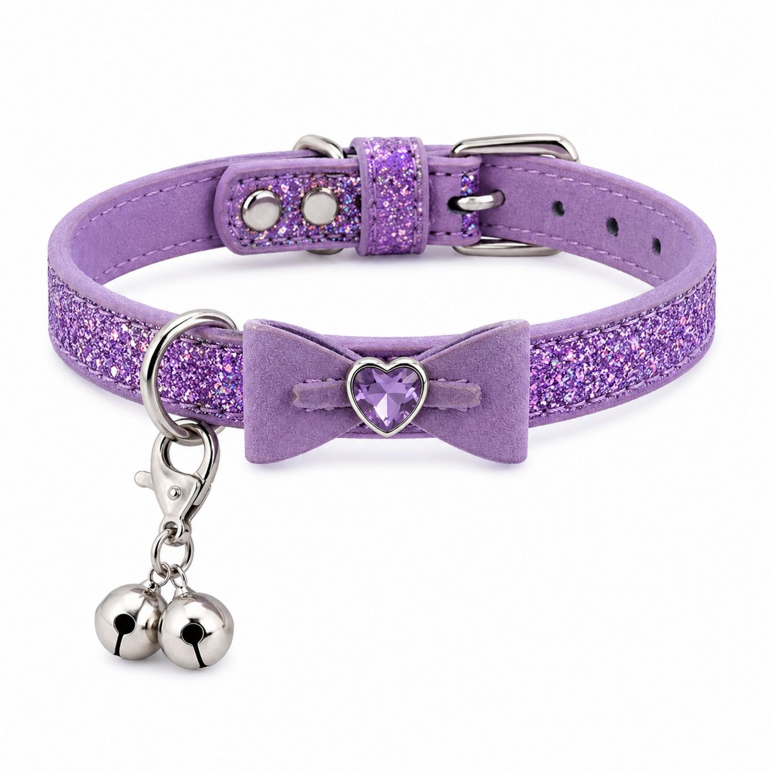 Collar Brillante Lila para Mascotas con Lazo y Campanas
